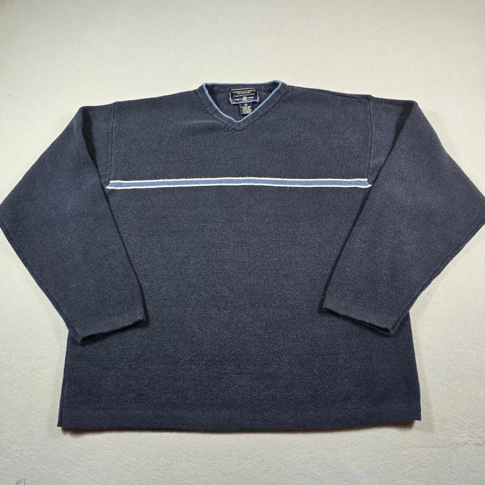 American Eagle Mens XL Navy Blue Sweater V-Neck Striped Ramie Cotton Knit